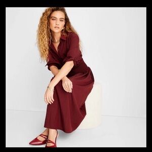 NWOT FUTURE COLLECTIVE Collared Long Sleeve Smocked Midi Shirtdress w/ Pockets